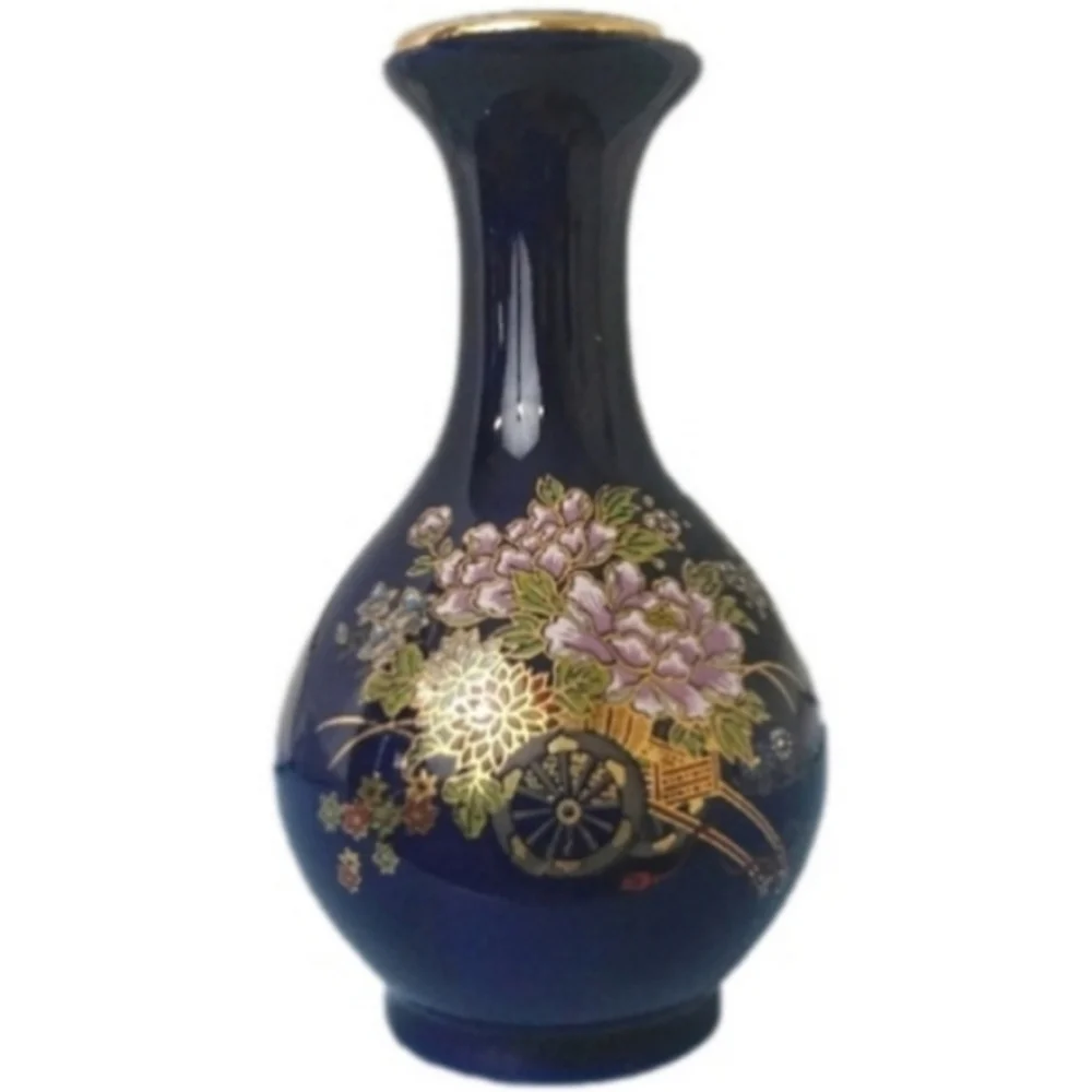 Kutani Japanese Blue Metallic Floral Mini Flower Collectable Plant Vase Decor